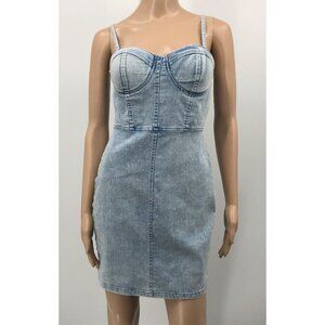 Haute Monde Light Wash Denim Padded Bust Strappy Mini Bodycon Dress Size Small
